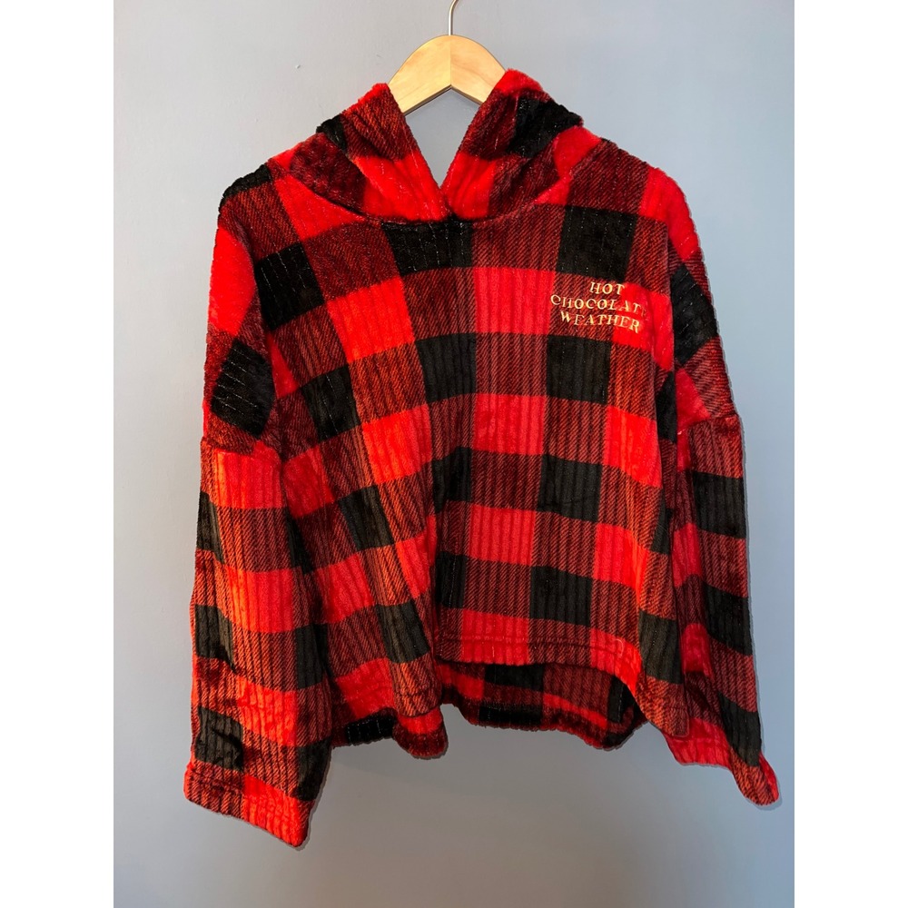 Joyspun Red Black Buffalo Plaid Fuzzy Fleece Hoodie Hot Chocolate Weather 2X‎